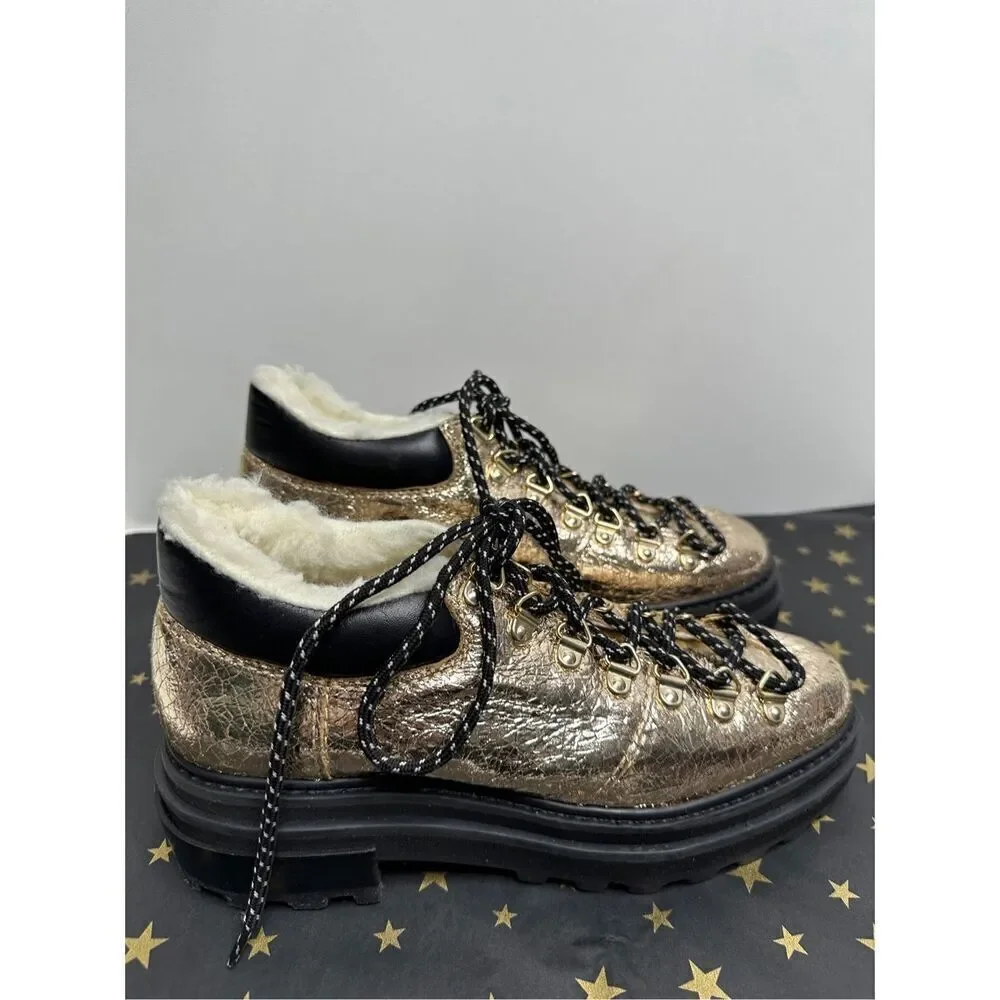 SCHUTZ Shoes Womens Size 5B Boots Shearling Lace Up Hiker Booties Gold‎ Leather